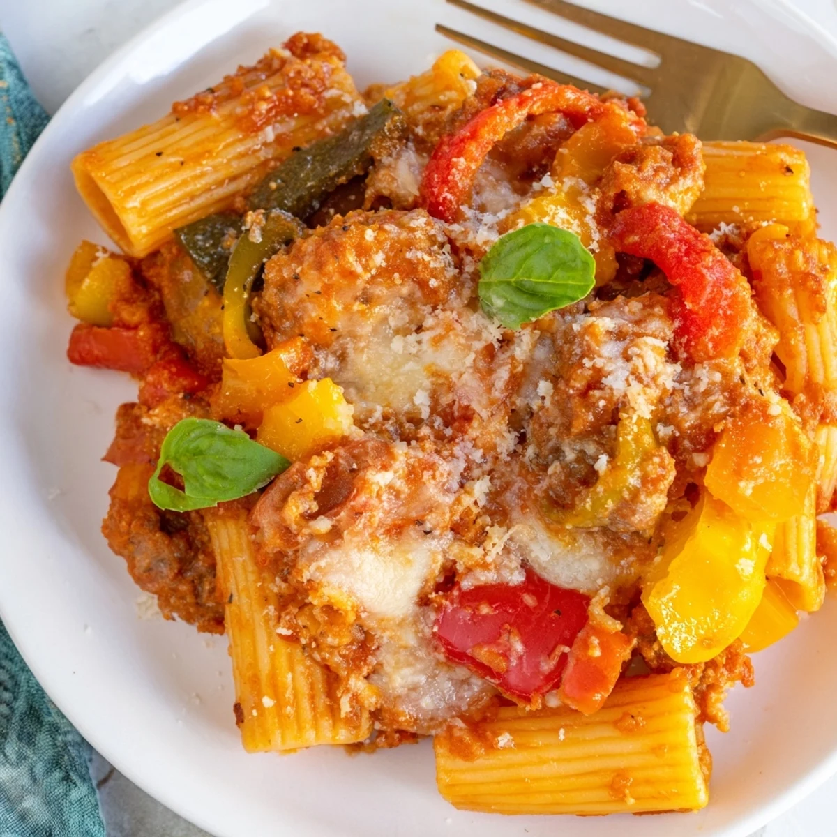 Comforting baked rigatoni dish featuring sausage, bell peppers, and gooey cheese.