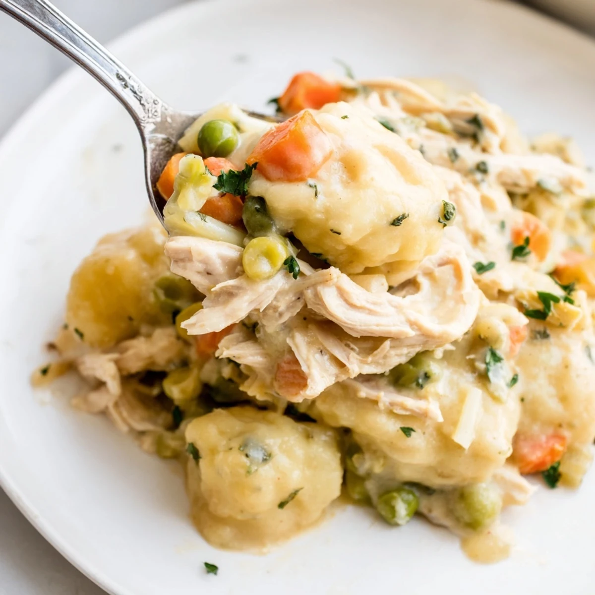 Warm chicken and dumplings casserole dish, bursting with tender veggies and creamy goodness.  