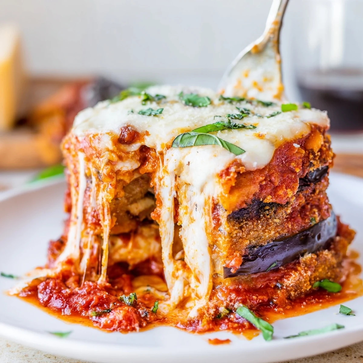 Golden-brown Eggplant Parmesan Lasagna layered with rich marinara and gooey cheese.