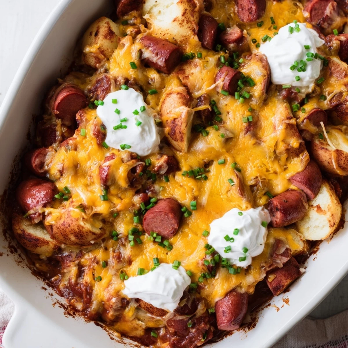 Delicious Chili Dog Casserole topped with melty cheddar cheese and rich chili flavor.  