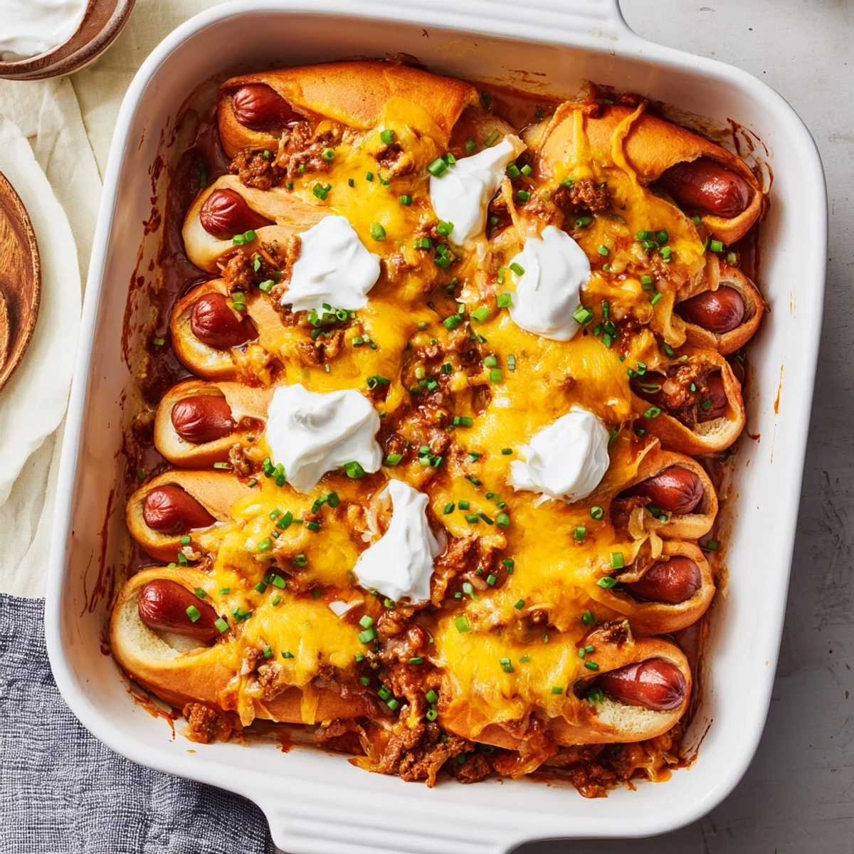 Hearty Chili Dog Casserole with crispy edges and creamy sour cream garnishes.  
