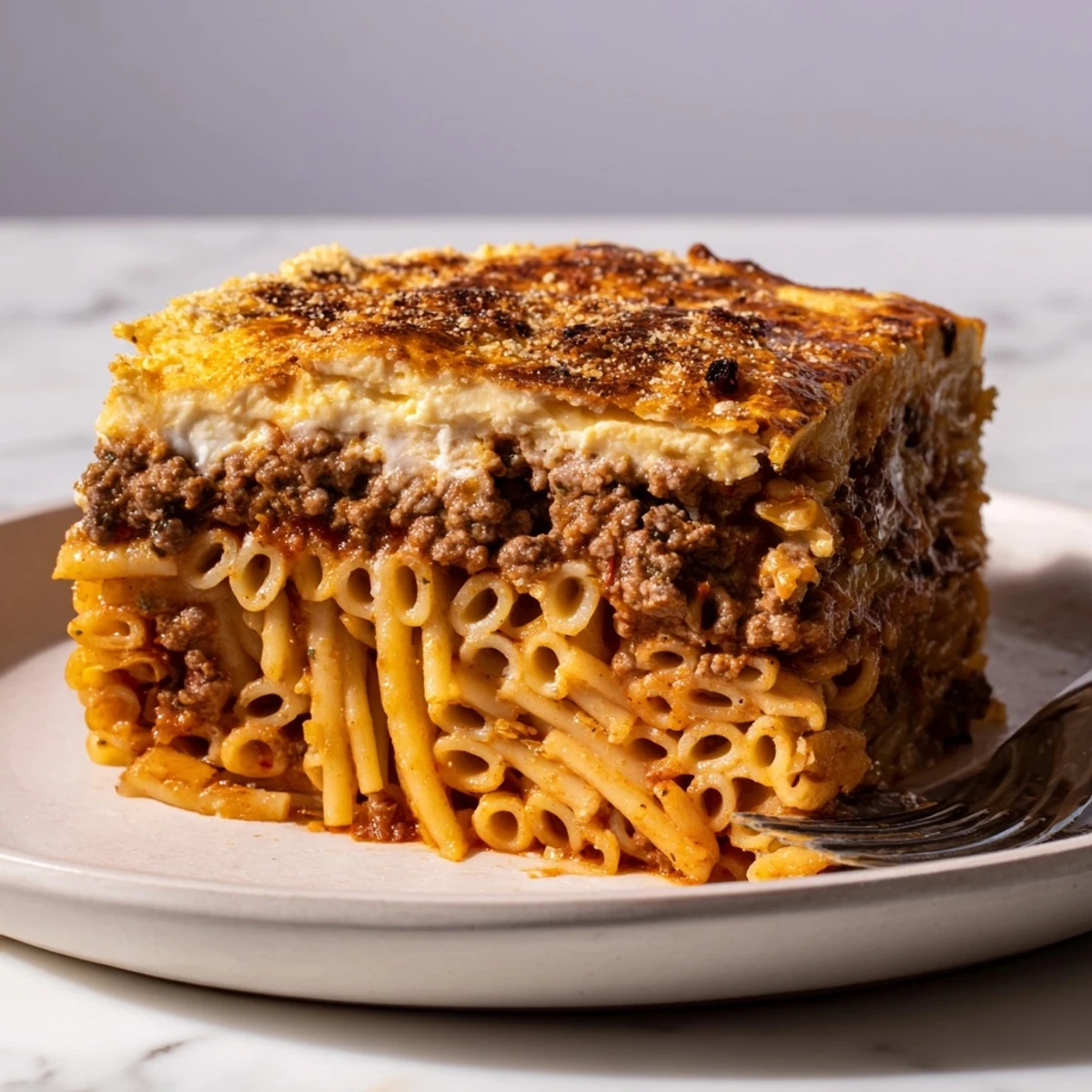 Comforting Greek Pastitsio served warm, perfect with a side salad and wine.