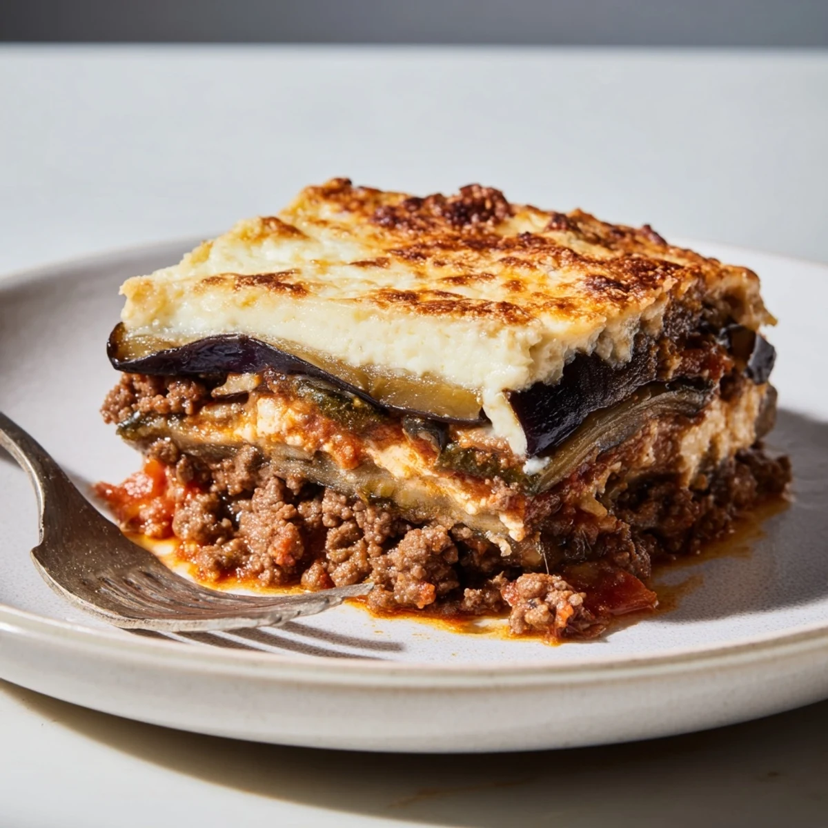 Golden-brown Moussaka with Beef & Eggplant served fresh from the oven.  