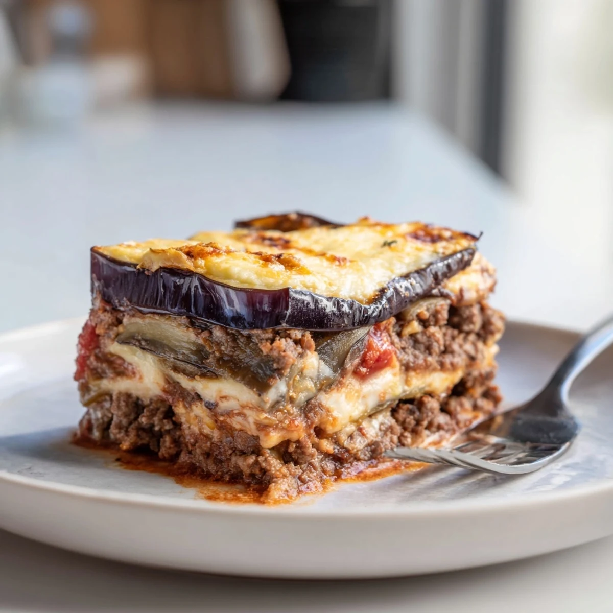 Satisfying Moussaka with Beef & Eggplant garnished with parsley and bubbling cheese.