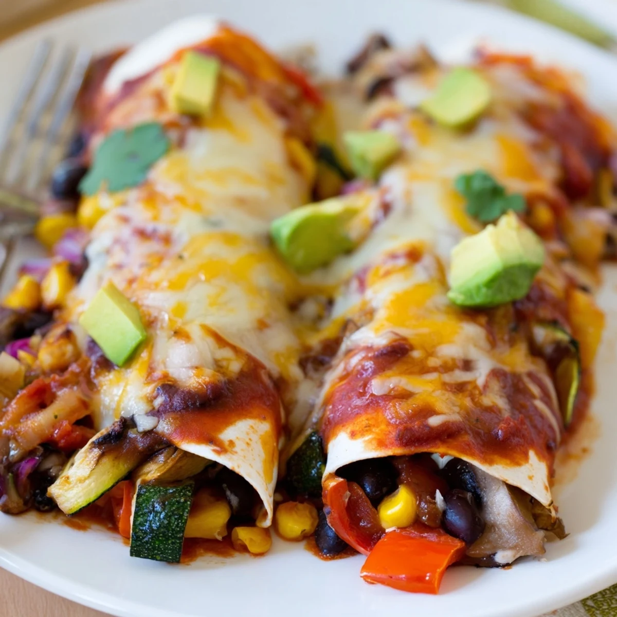 Vibrant Farmers Market Vegetarian Enchiladas topped with melted cheese and fresh cilantro.  