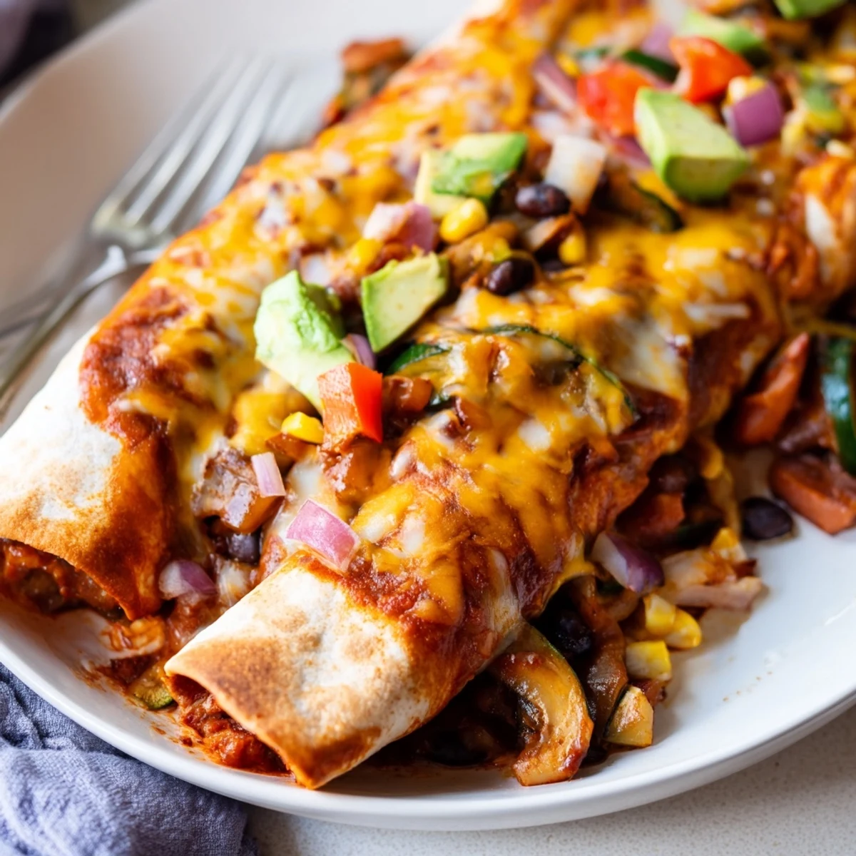 Deliciously stuffed Farmers Market Vegetarian Enchiladas with seasonal veggies and spicy sauce.  