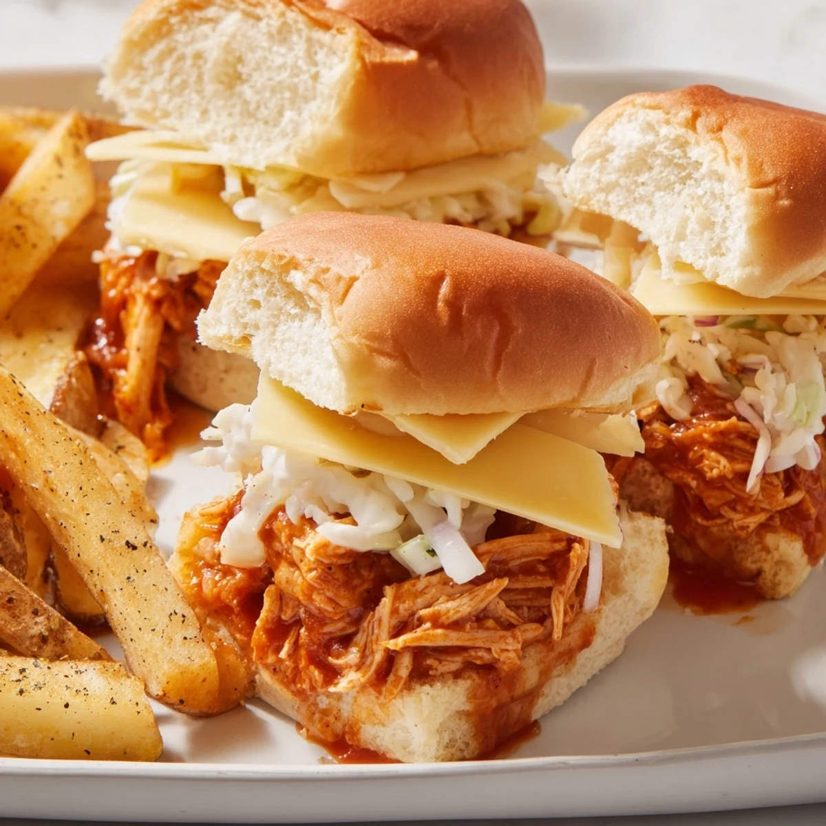 Juicy BBQ Chicken Sliders topped with crunchy coleslaw and served with fries.  