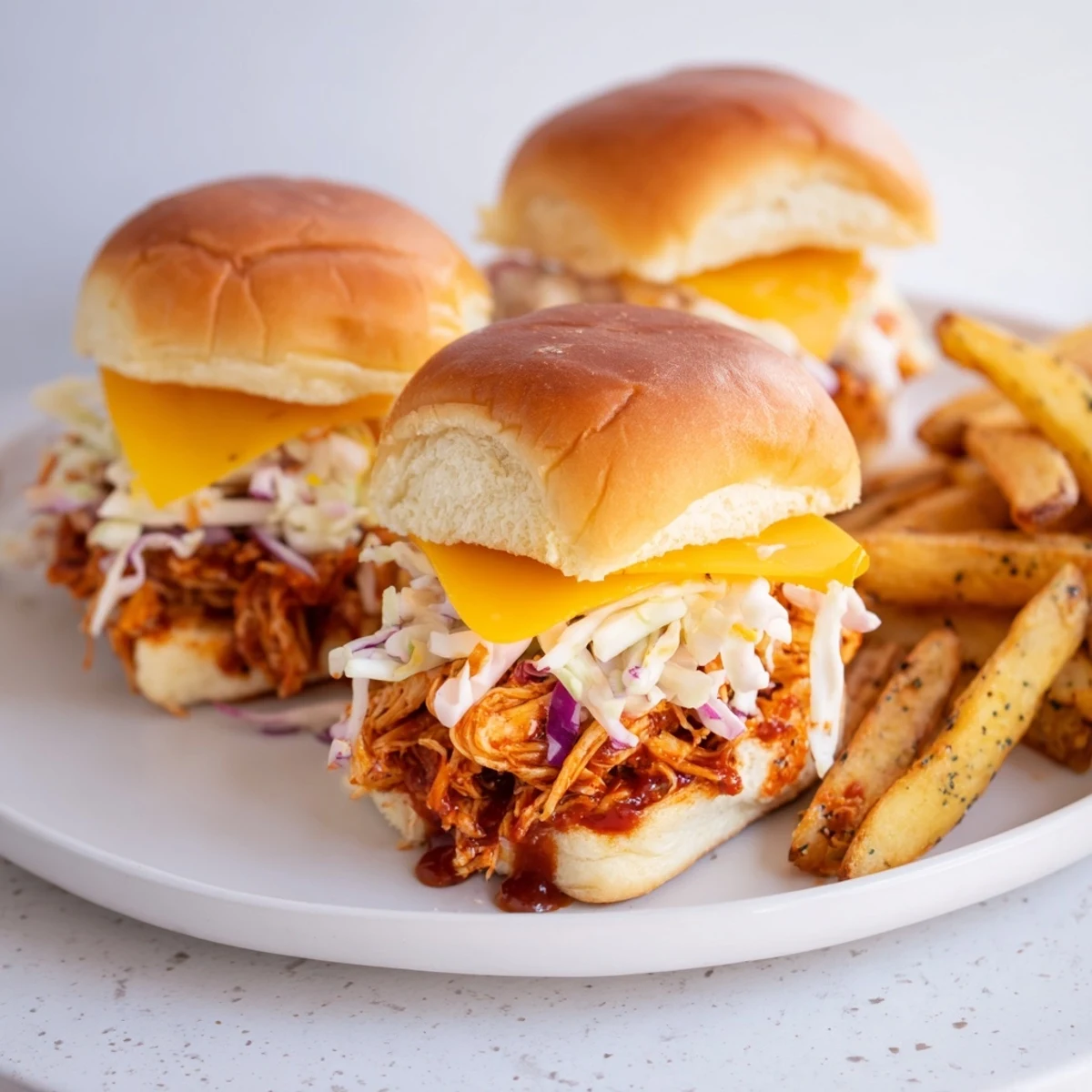 Savory shredded BBQ Chicken Sliders nestled in soft buns, complemented by crispy fries.  