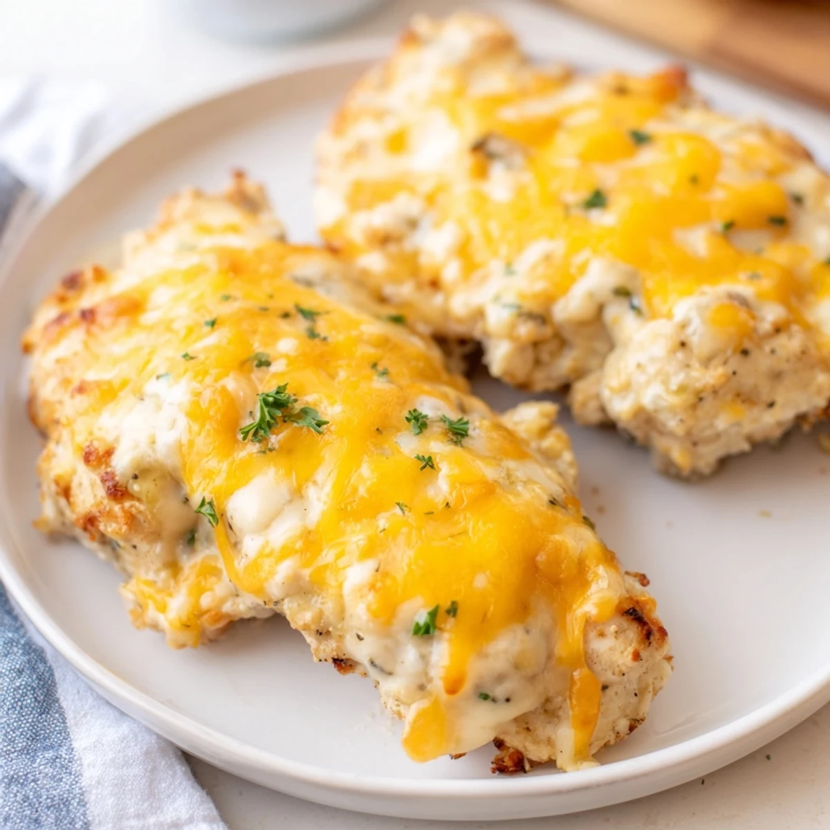 Golden-brown Cheddar Ranch Chicken Bake with creamy ranch sauce, perfect for dinner.  