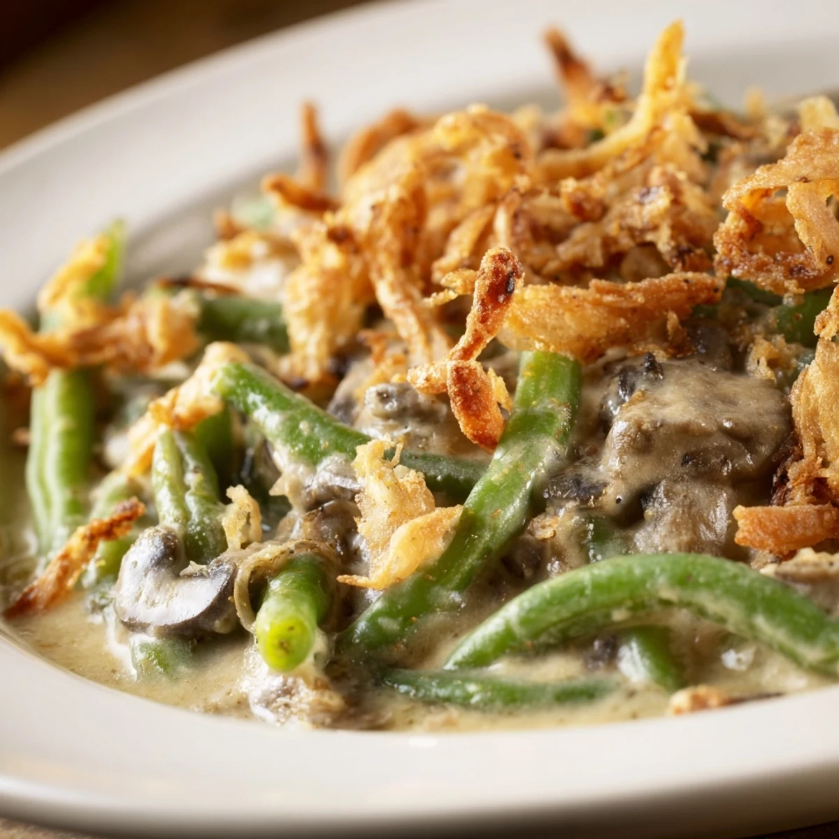 A comforting bowl of Old-School Green Bean Casserole topped with crispy onions.  