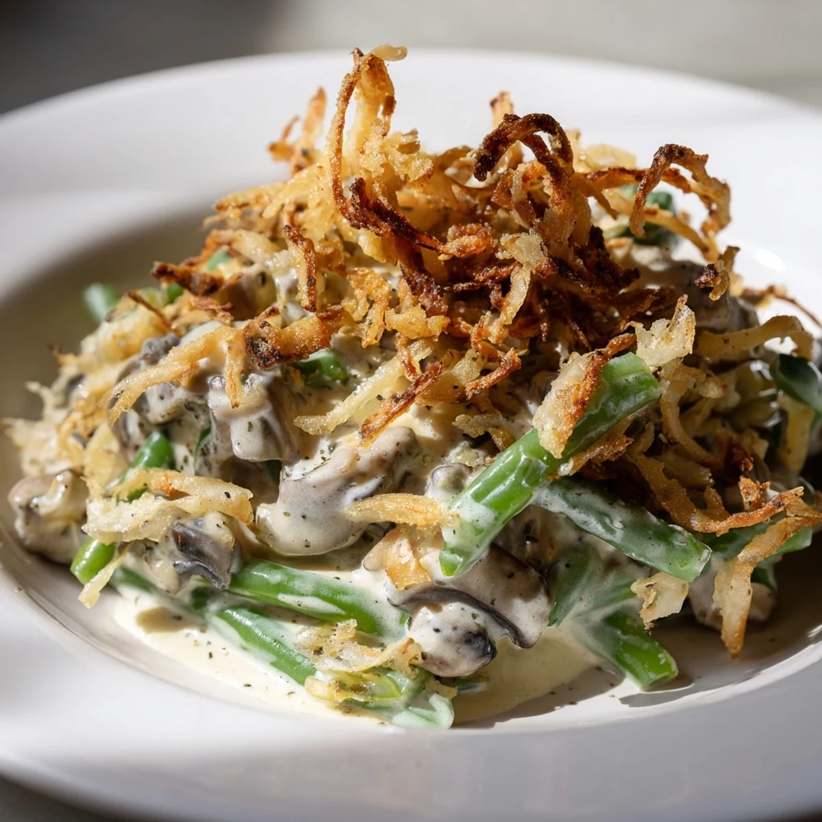 Creamy Old-School Green Bean Casserole, featuring tender beans and savory mushrooms.  