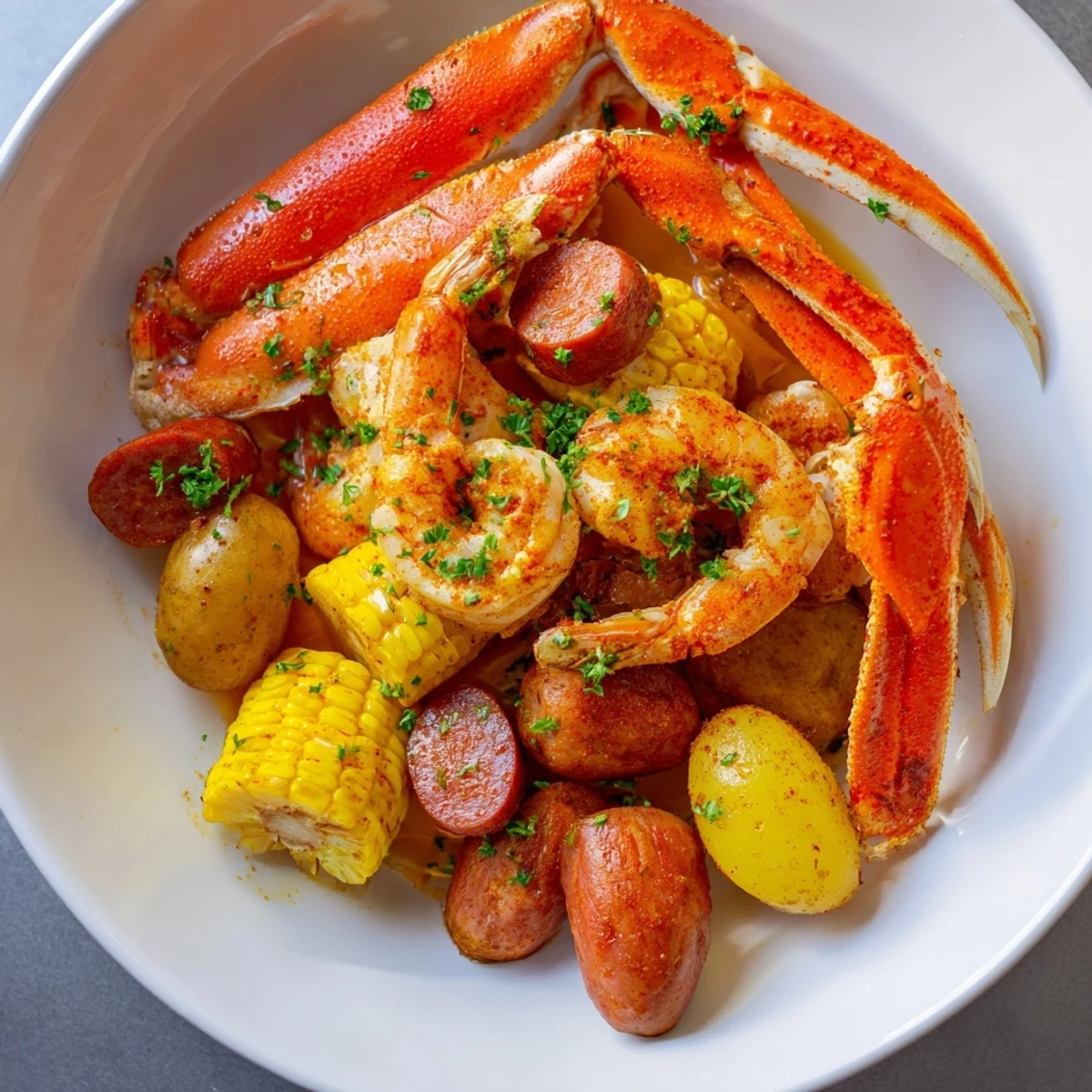 Steaming hot Seafood Boil with crab legs and shrimp, served on a platter with lemon wedges.