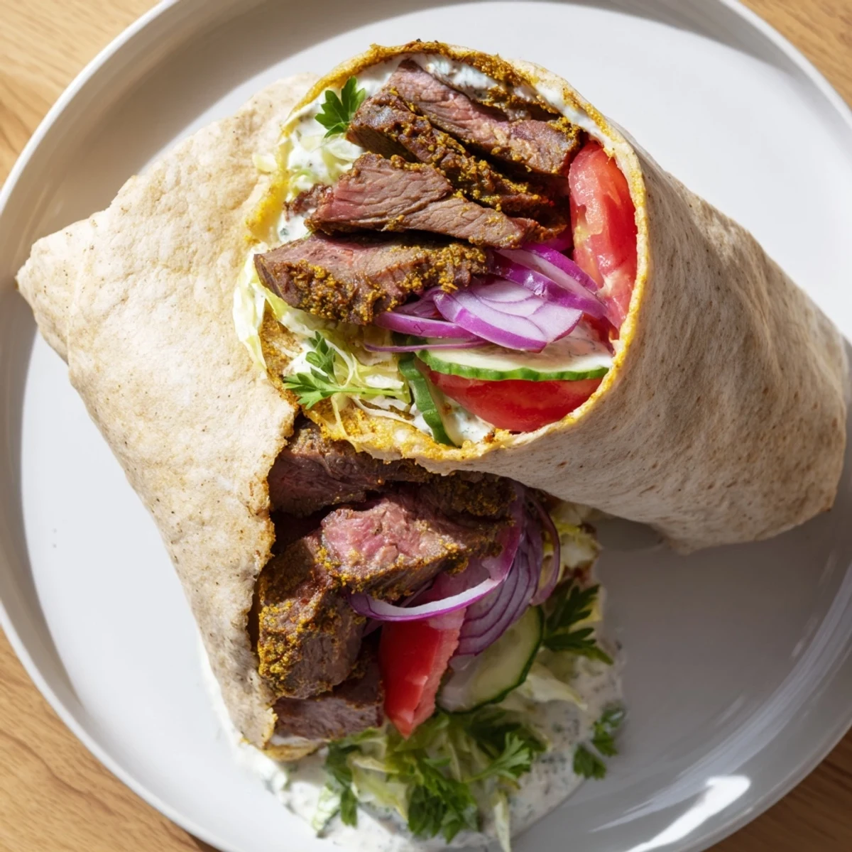 Juicy Beef Shawarma wraps, with tender spiced beef and creamy yogurt sauce, perfect served warm.