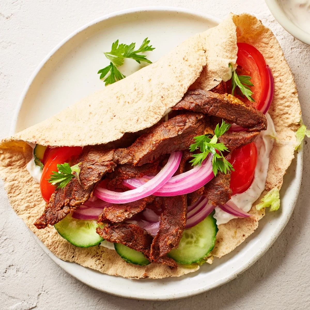 Close-up of a stacked and rolled Beef Shawarma wrap; the flavorful beef and vibrant fillings await.