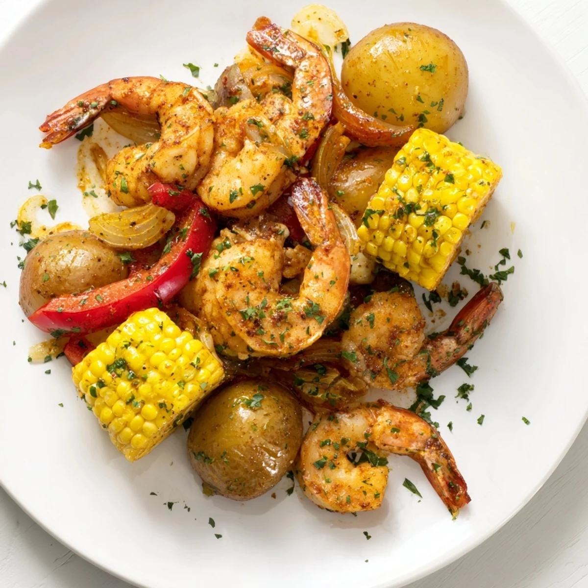 Savory Cajun Shrimp & Sweet Corn Platter showcasing juicy shrimp, corn, and roasted vegetables.