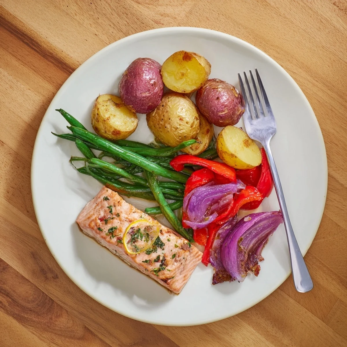 Freshly baked Lemon Herb Salmon & Potato, featuring flaky salmon with crispy potatoes and colorful roasted veggies.