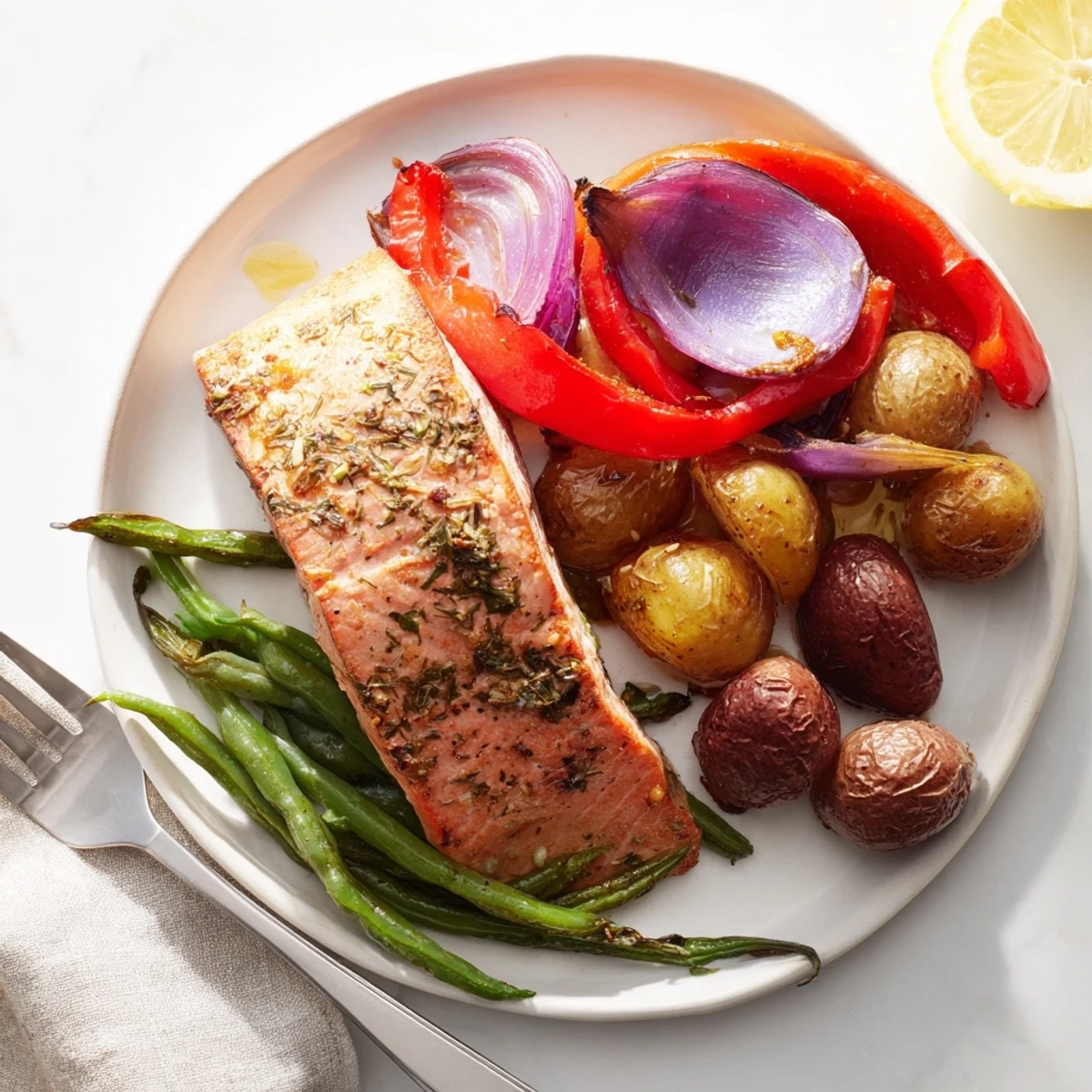 Golden-brown Lemon Herb Salmon & Potato sheet pan, ready to serve with fragrant herbs and lemon wedges.