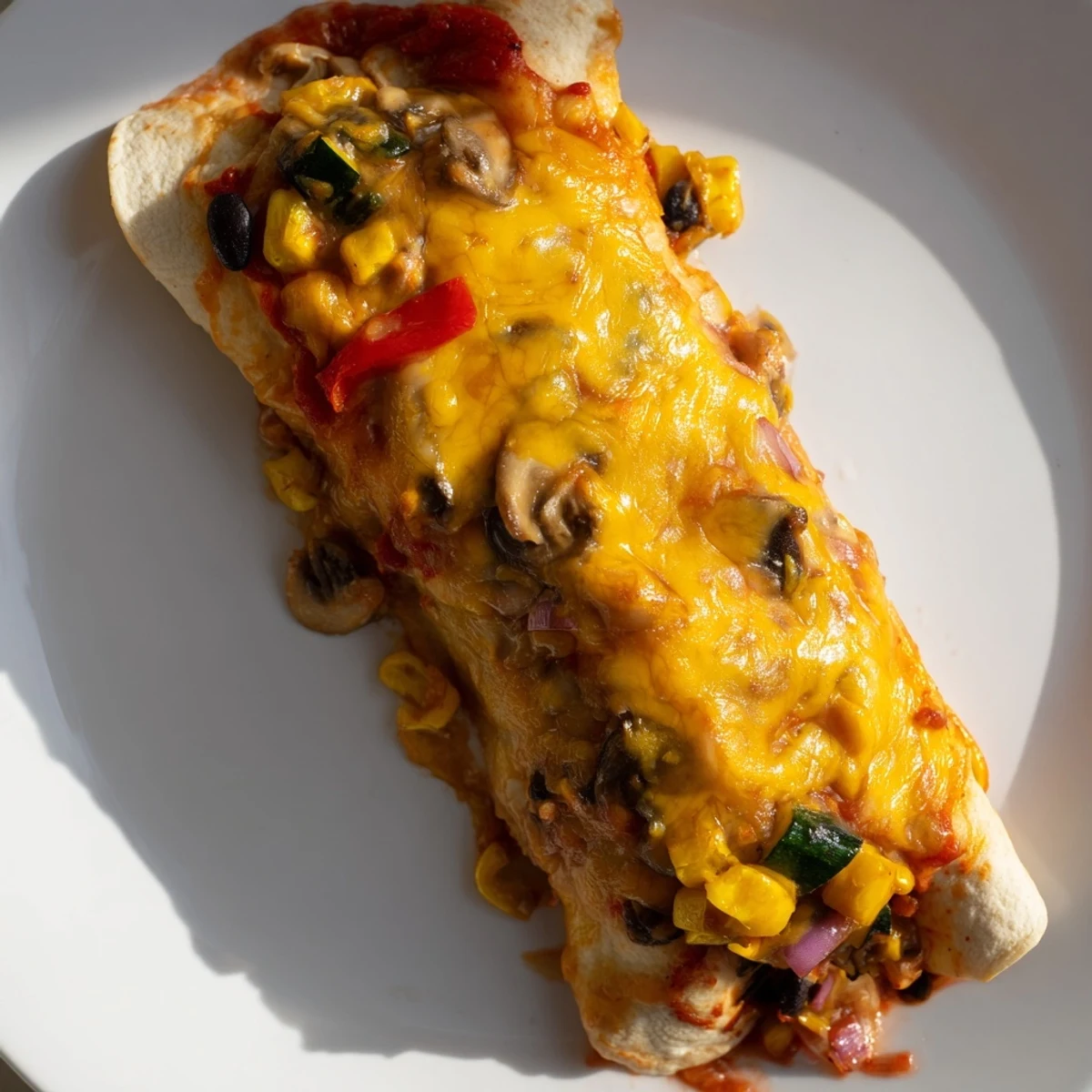 A close-up view showing savory Farmers Market Vegetarian Enchiladas, filled with colorful vegetables, ready to be enjoyed with toppings.