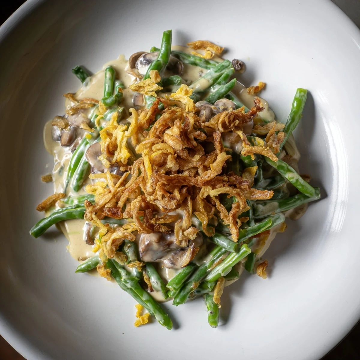 A warm, comforting image of classic Old-School Green Bean Casserole ready to be scooped and enjoyed.