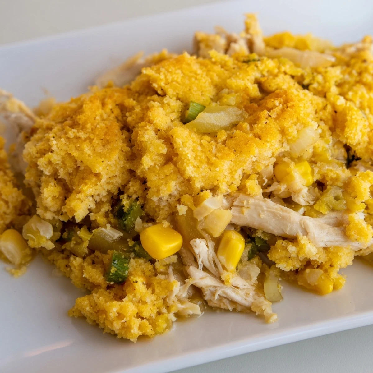 Golden, bubbly Southern Cornbread Chicken Casserole, a hearty and savory family favorite meal.