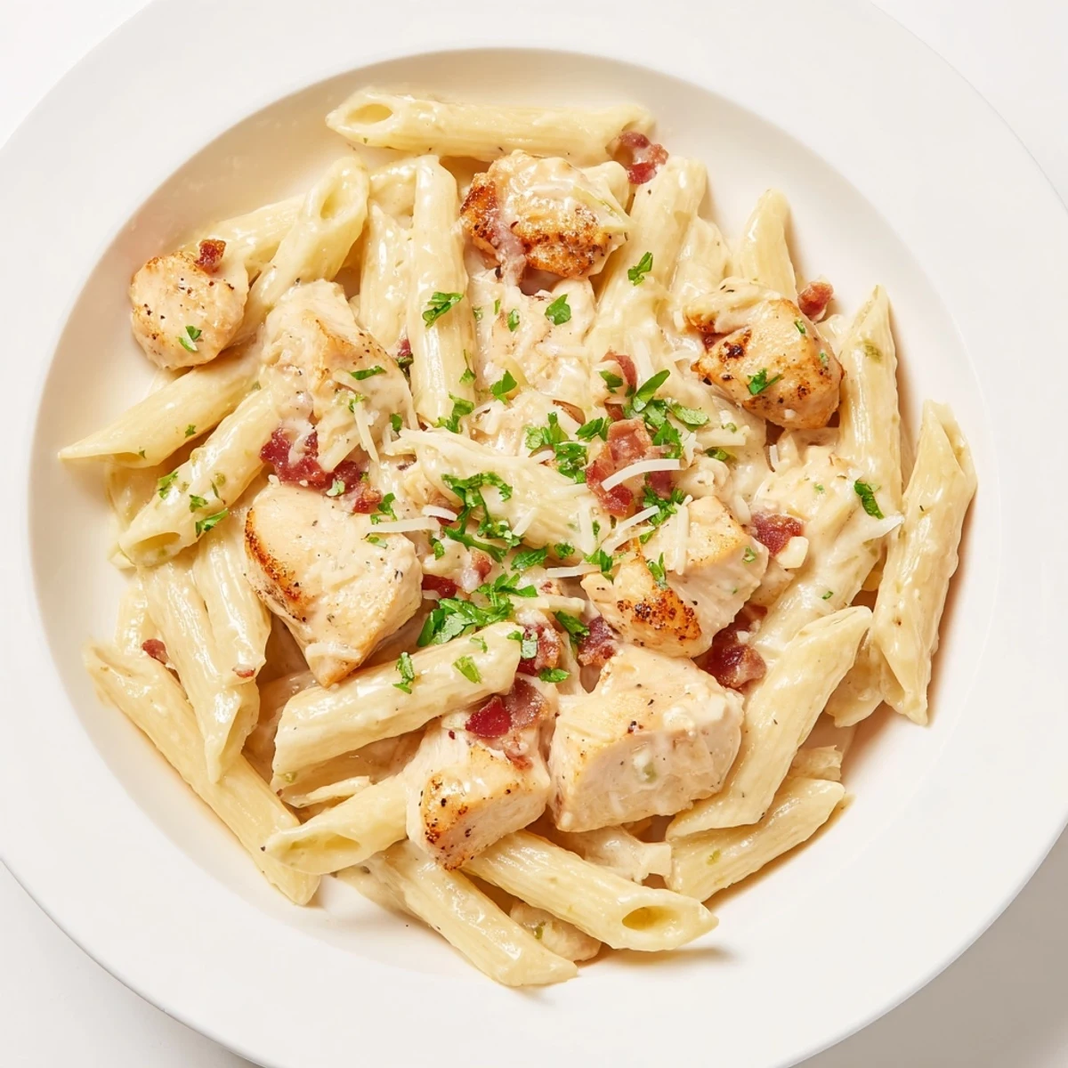 Creamy Ranch Chicken & Bacon Penne with golden chicken and crispy bacon atop pasta, ready to serve.