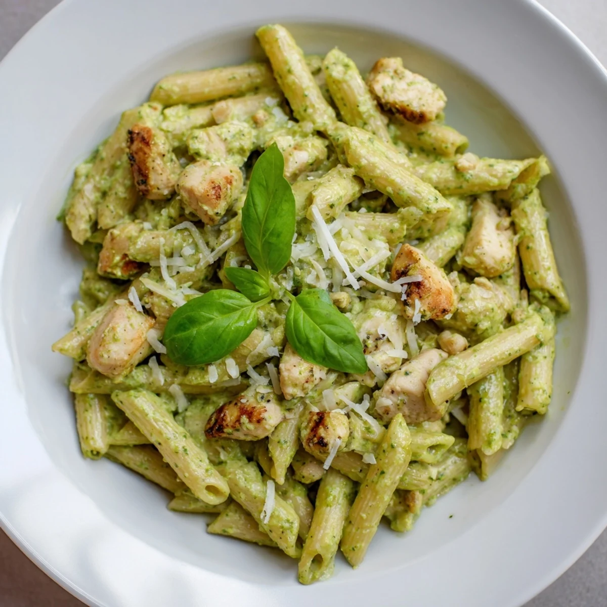 A flavorful plate piled high with Creamy Pesto Penne & Chicken, ready for enjoying.