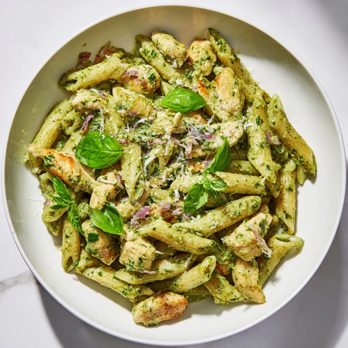 Savory Creamy Pesto Penne & Chicken, perfectly cooked and topped with fresh basil leaves.