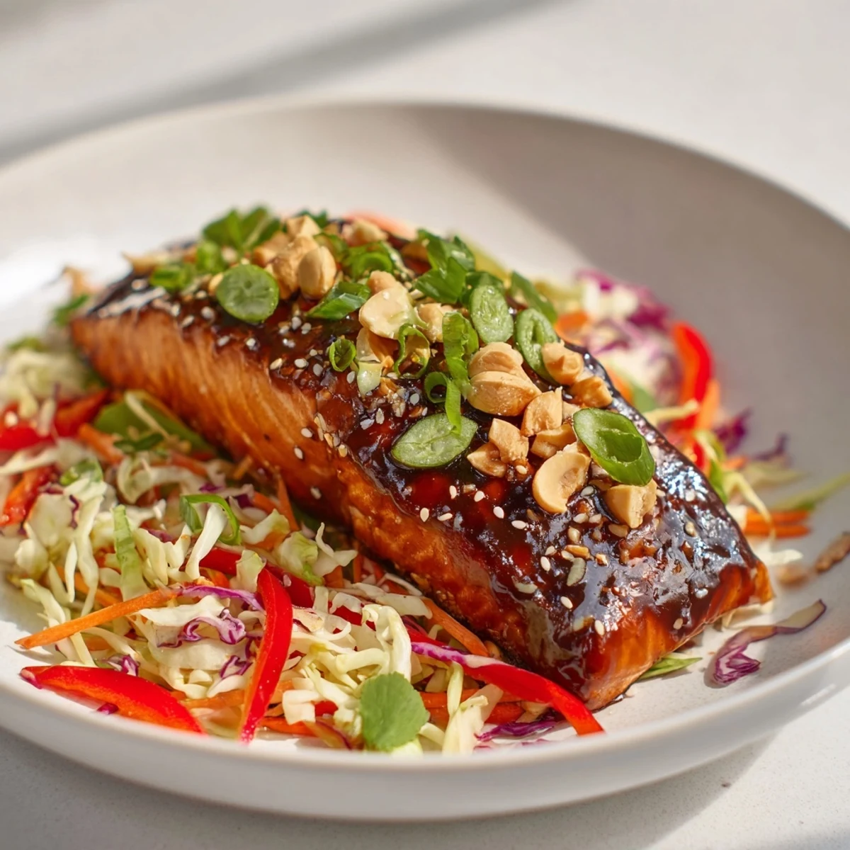 Golden-glazed teriyaki salmon sizzling, served over colorful Asian slaw for a tasty Teriyaki Salmon Bowl.