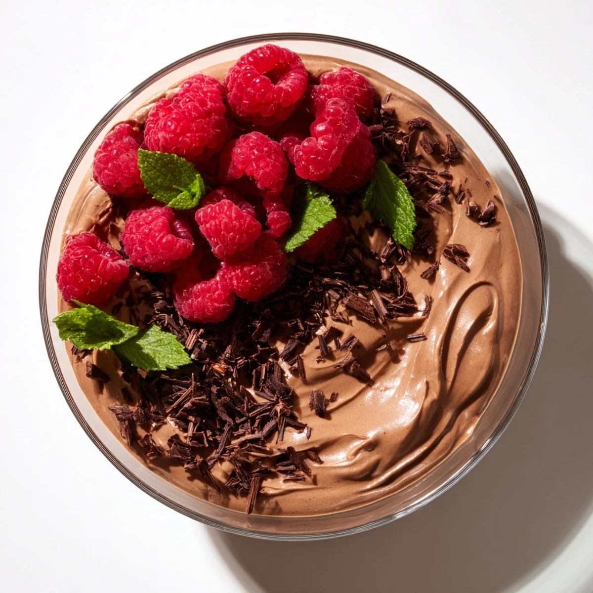 Creamy avocado chocolate mousse topped with vibrant red raspberries, ready to enjoy.