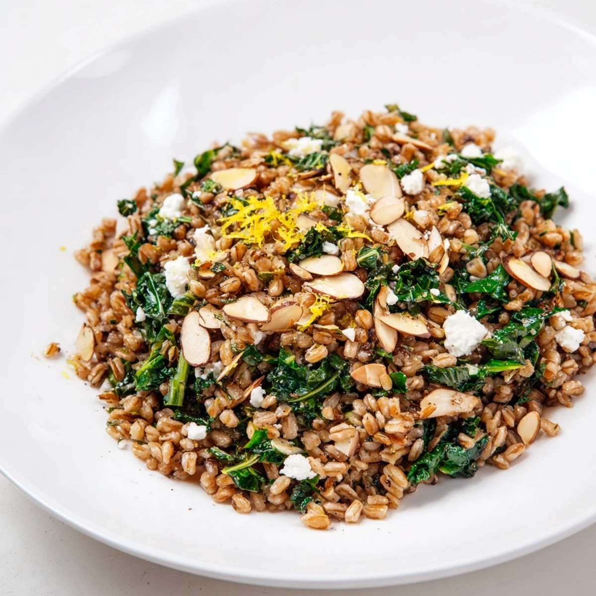 A vibrant bowl of warm farro & greens pilaf; the aroma of lemon and herbs is inviting.