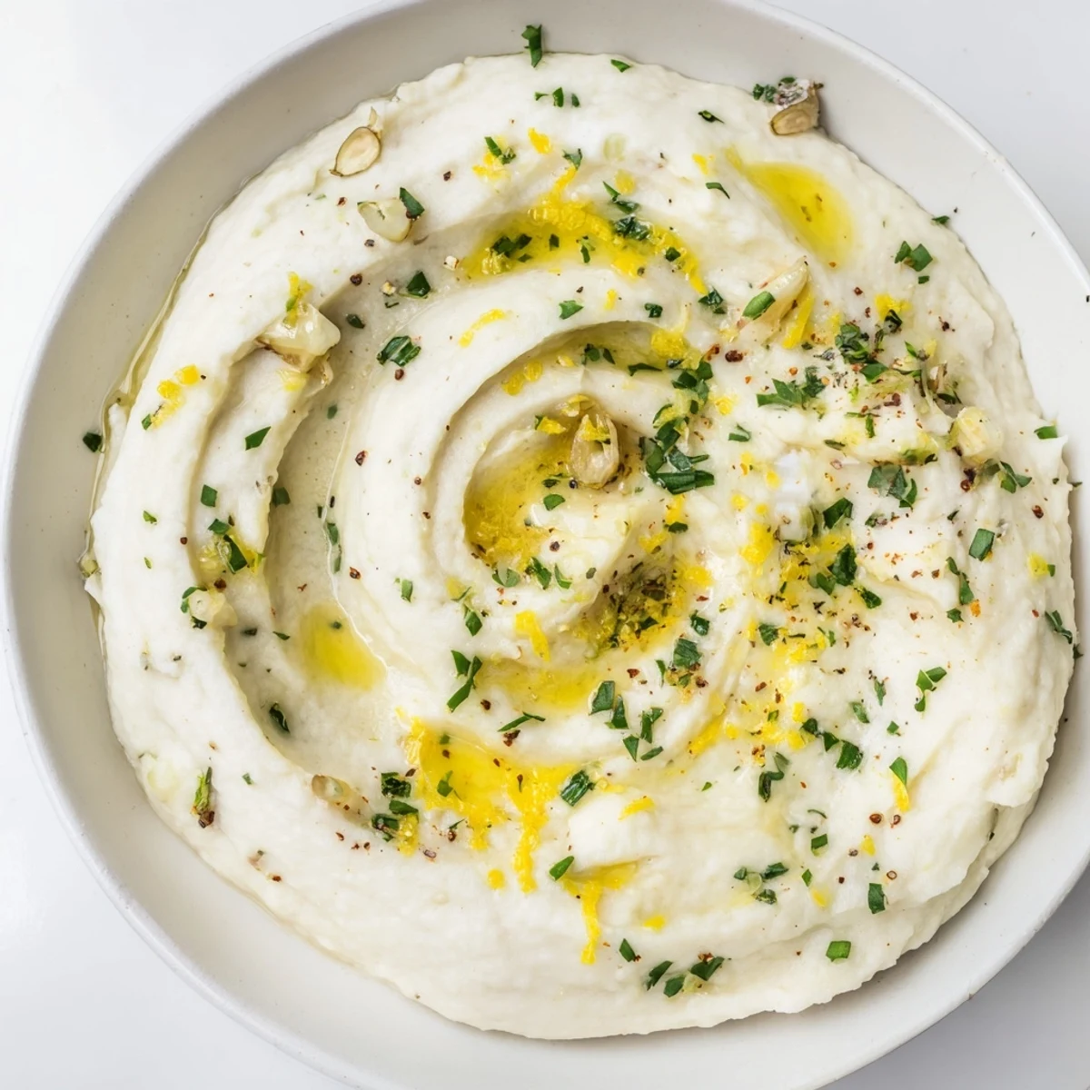 Creamy white cauliflower mash with garlic and herbs, a dairy-free recipe alternative to potatoes.
