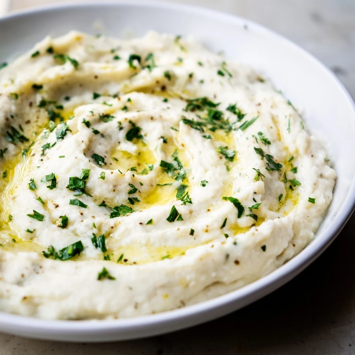 Fluffy cauliflower mash, a flavorful side dish, speckled with green chives and fresh herbs.