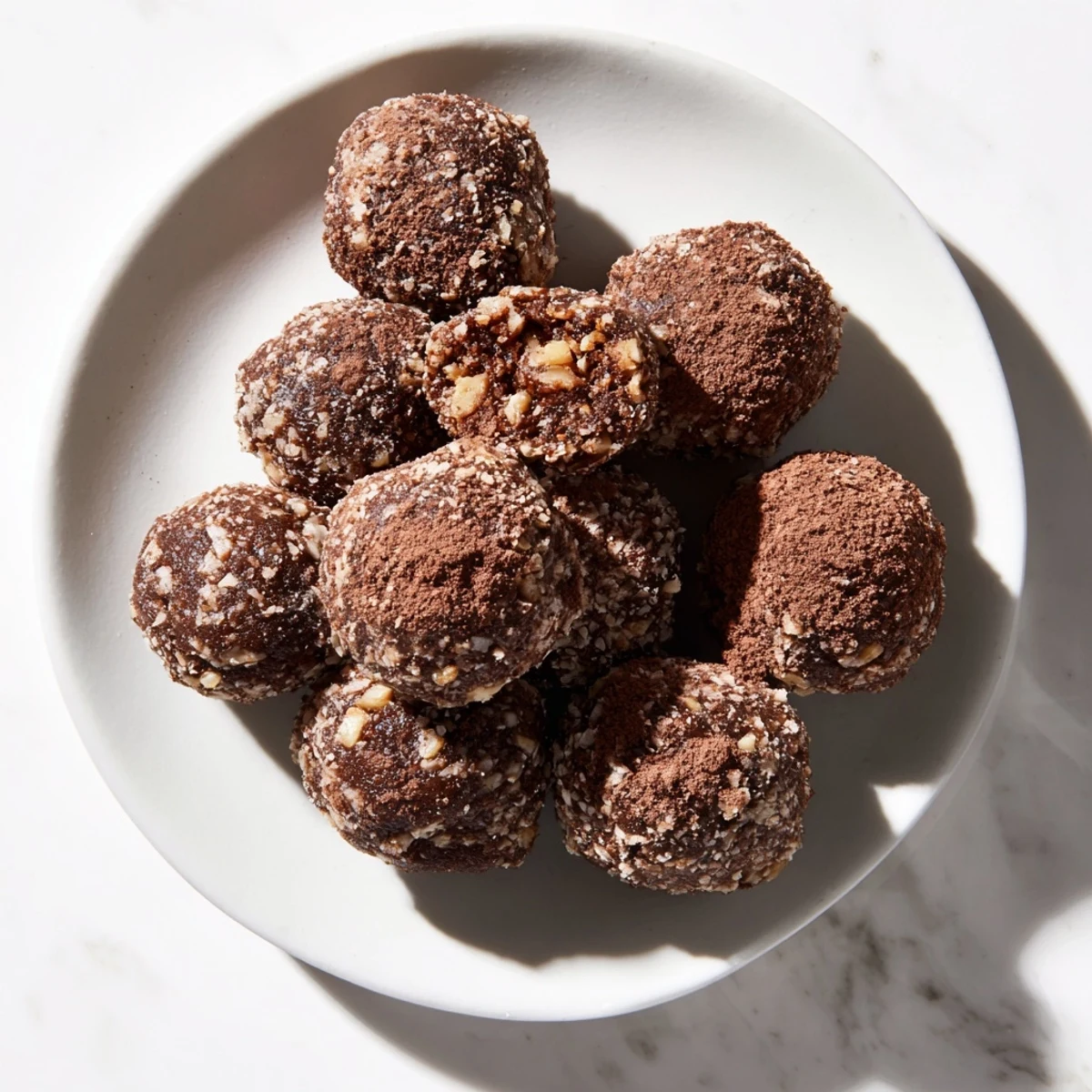 A close-up reveals luscious Date & Walnut Truffles, rolled in dark cocoa, ready to enjoy.