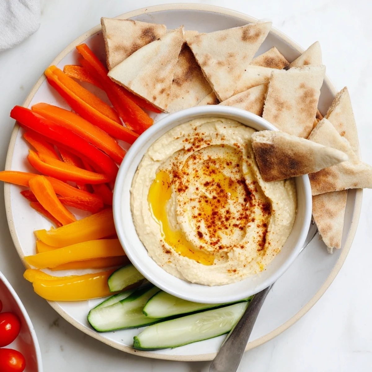 Creamy DIY Hummus with warm pita bread and colorful veggie sticks, perfect for dipping.