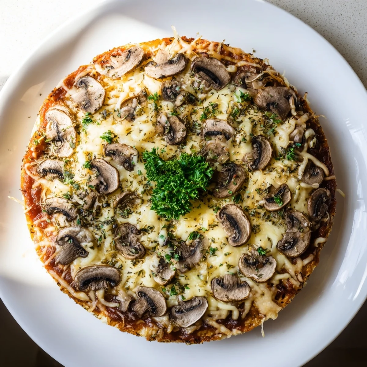 Gooey cheese bubbles over a baked Frozen Pizza Upgrade, seasoned with herbs and mushrooms.