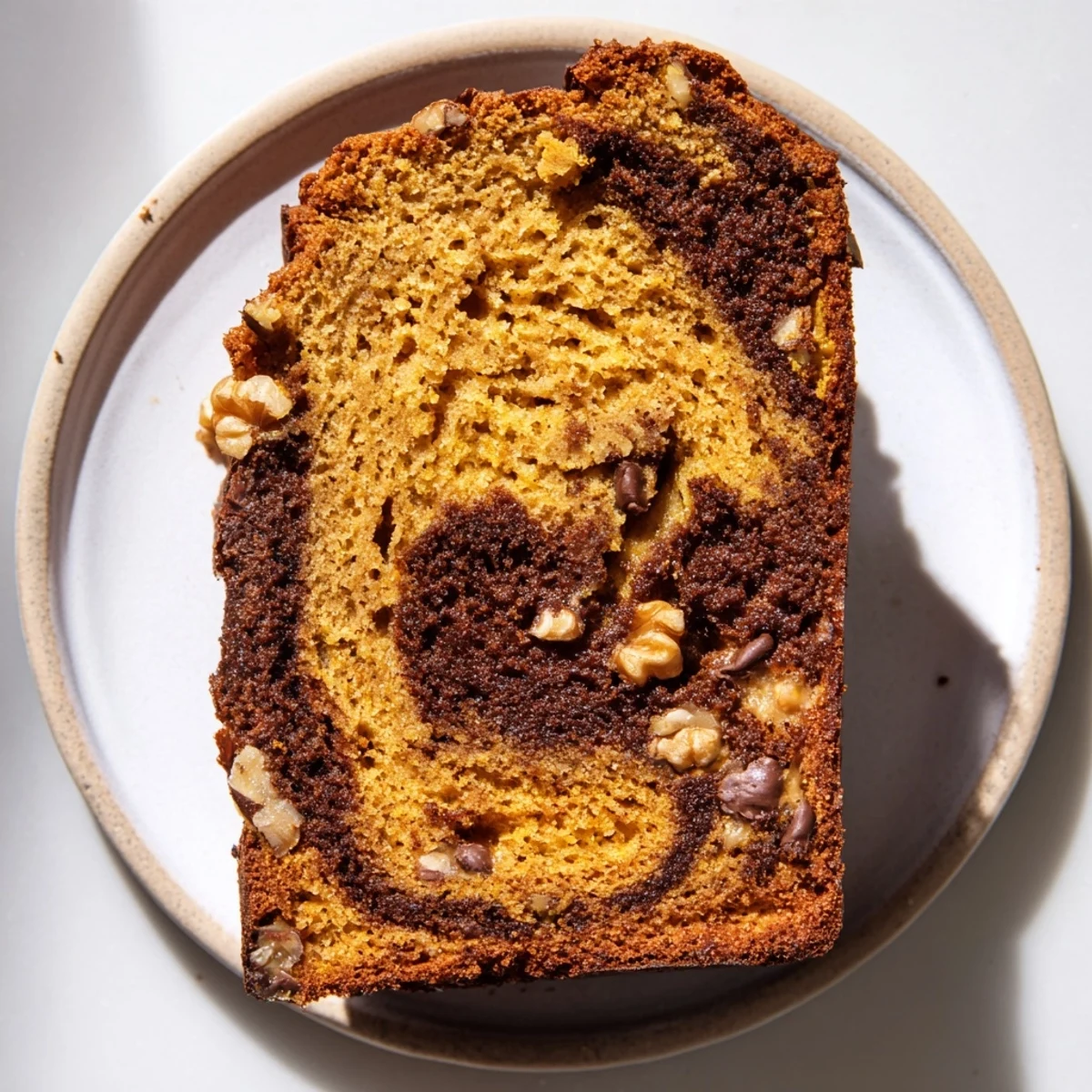 Warm, spiced pumpkin bread loaf, golden-brown and ready to serve with a dusting of powdered sugar.