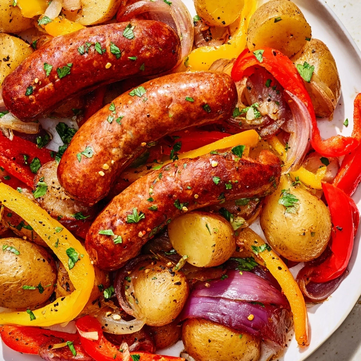 Sheet-Pan Sausage with Peppers and Potatoes, glistening with herbs, ready to serve as a complete meal.
