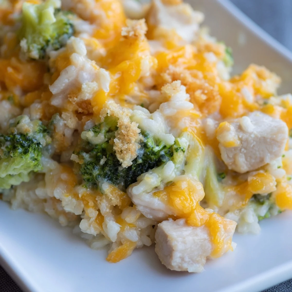 Steaming hot Chicken & Broccoli Rice Casserole, with golden cheese bubbling, ready to be served.