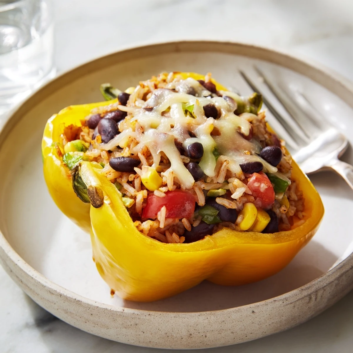 Steaming Stuffed Bell Peppers with melted cheese and a vibrant, savory bean and rice filling.
