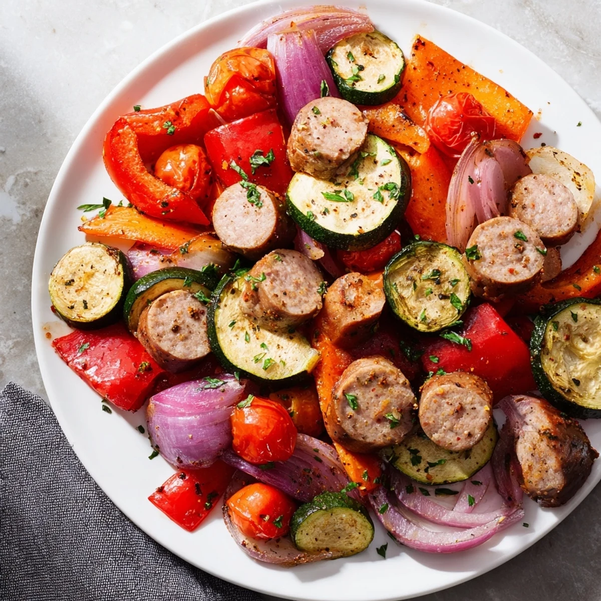 Sheet-Pan Roasted Veggies & Sausage: Colorful roasted vegetables and savory sausage ready for a delicious, easy dinner.