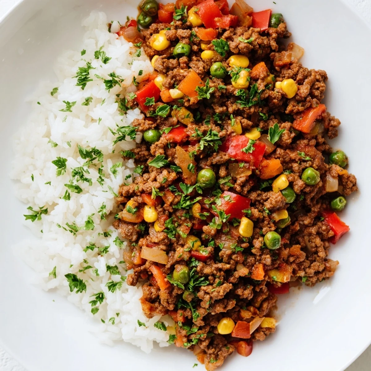 Delicious, colorful ground beef skillet with rice, fresh herbs, and optional shredded cheese on top.