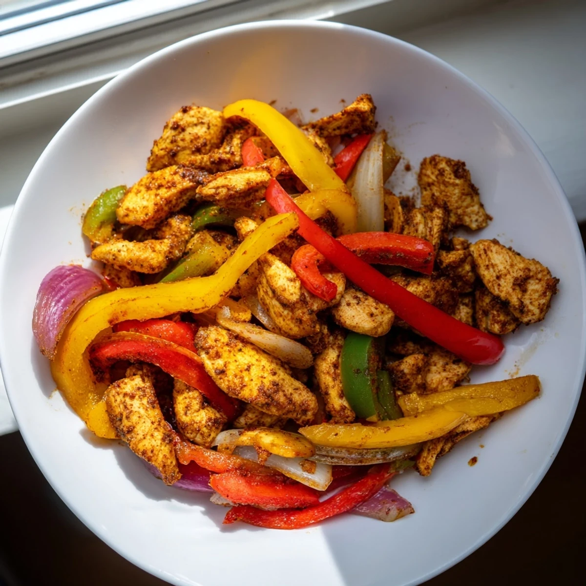 Sheet-Pan Chicken Fajitas, sizzling from the oven with tender chicken, colorful peppers, and onions ready.