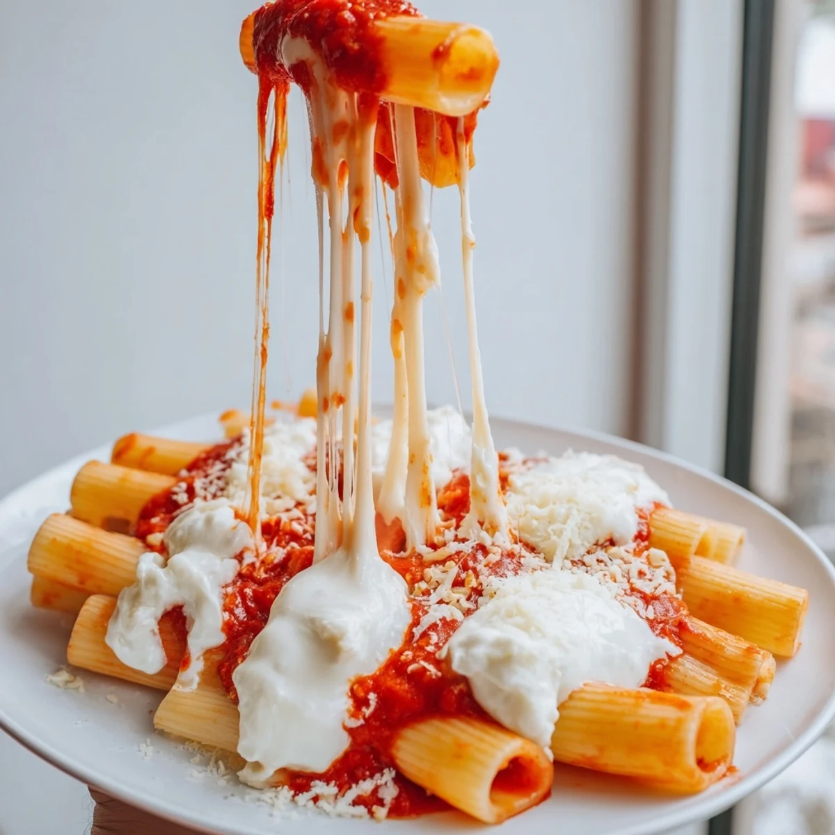 Steaming slow cooker baked ziti, bubbling with melted mozzarella and rich tomato sauce, ready to serve.