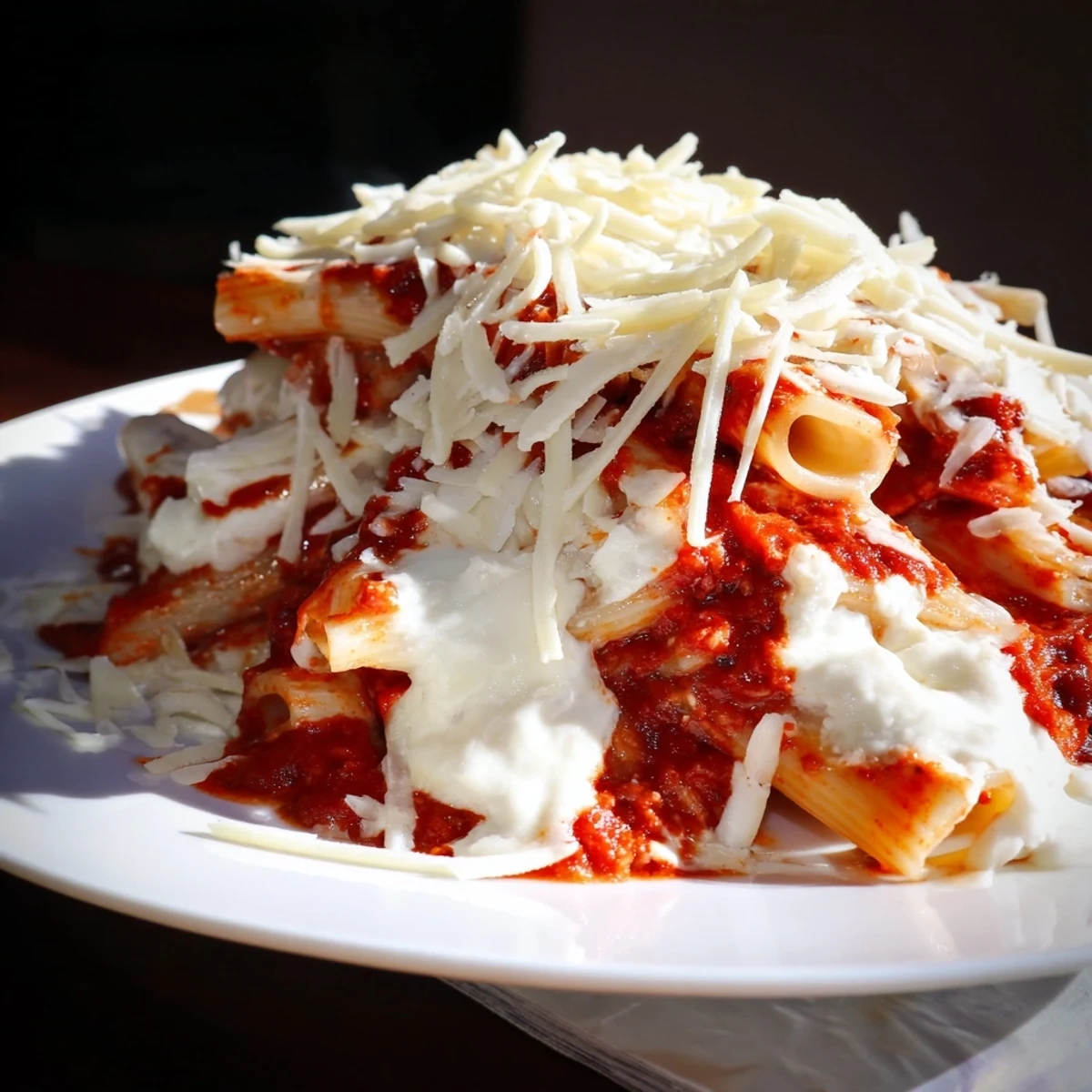 Perfectly cooked slow cooker baked ziti, showcasing layers of pasta, creamy ricotta, and golden-brown melted cheese.