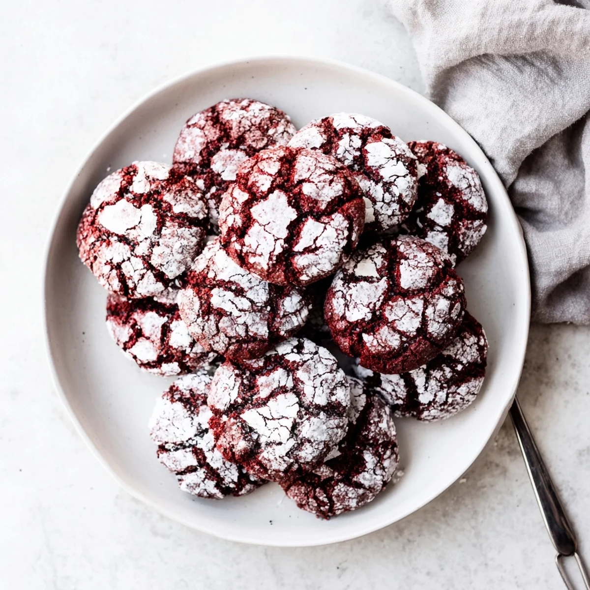 Chewy Red Velvet Chocolate Crinkle Cookies with vibrant red color, perfect for a holiday treat or celebration.