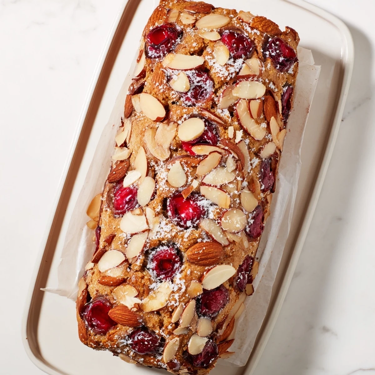 Freshly baked Cherry Almond Loaf Cake, boasting a golden crust and glistening, sweet cherries.