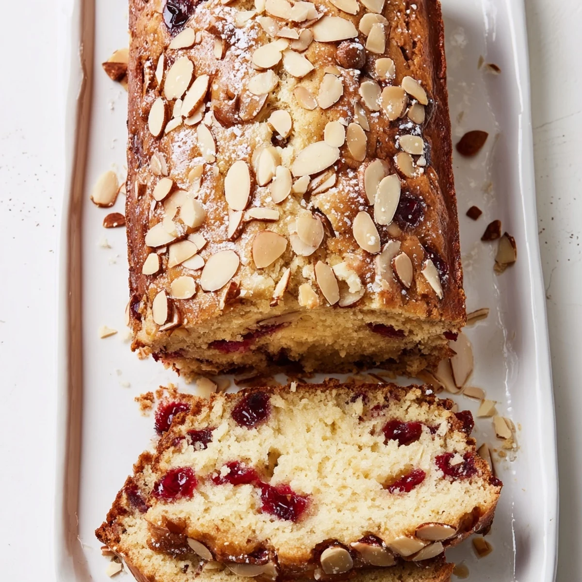 A slice of moist Cherry Almond Loaf Cake, showing the cherries and almonds baked inside this quick bread.