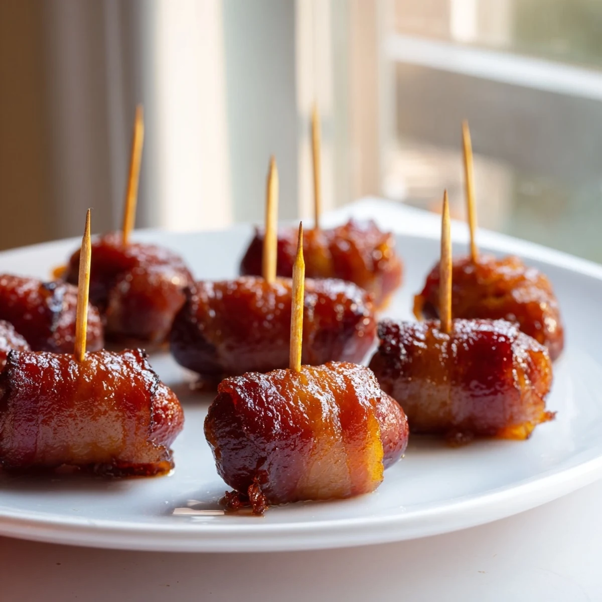Melted brown sugar coats the crisp 3-Ingredient Bacon-Wrapped Smokies, an easy crowd-pleasing snack.