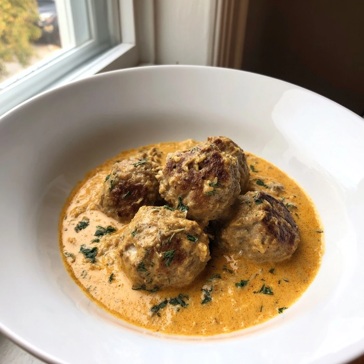 Golden-brown turkey meatballs simmer in a rich pumpkin sage sauce for a cozy meal.