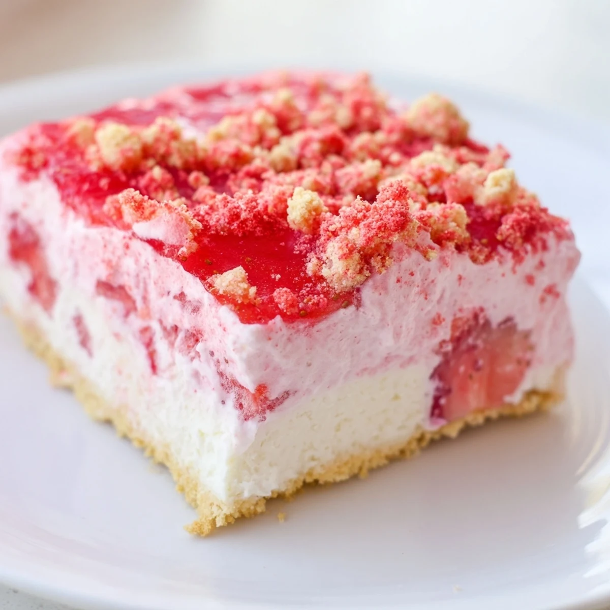 A slice of decadent strawberry shortcake cheesecake shows a creamy, layered dessert.
